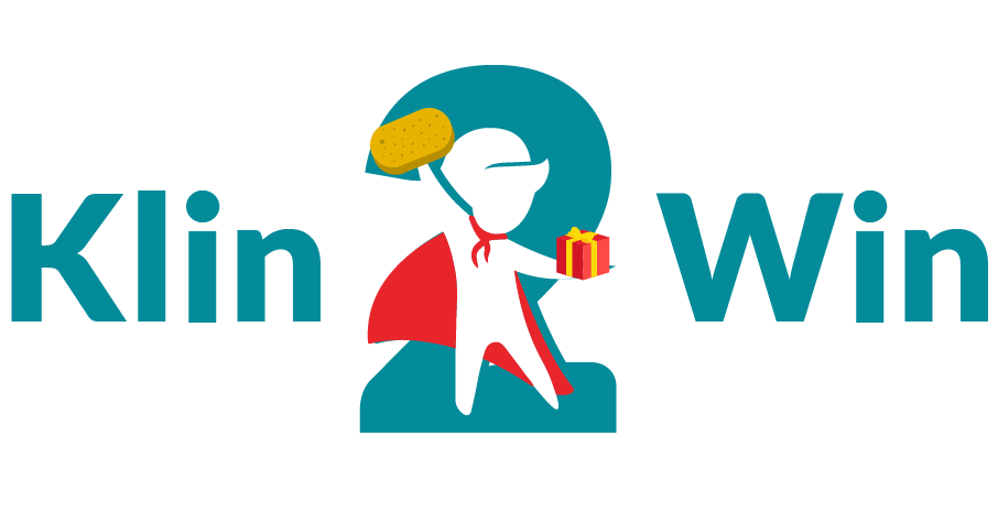 logo klin2win, super héro a la cape rouge tenant une eponge