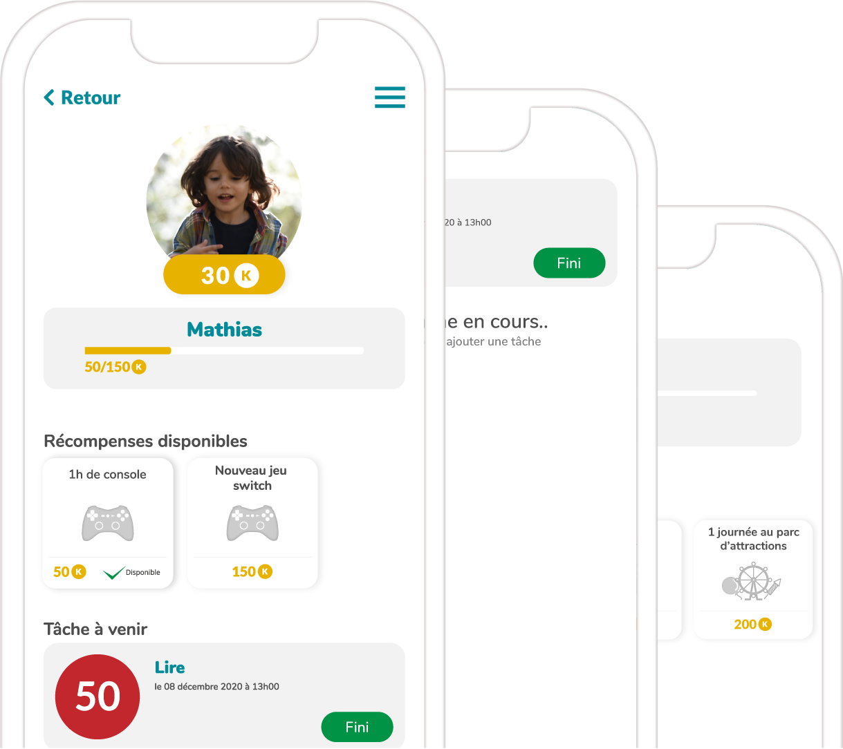 vue de 3 pages de l'application klin2win
